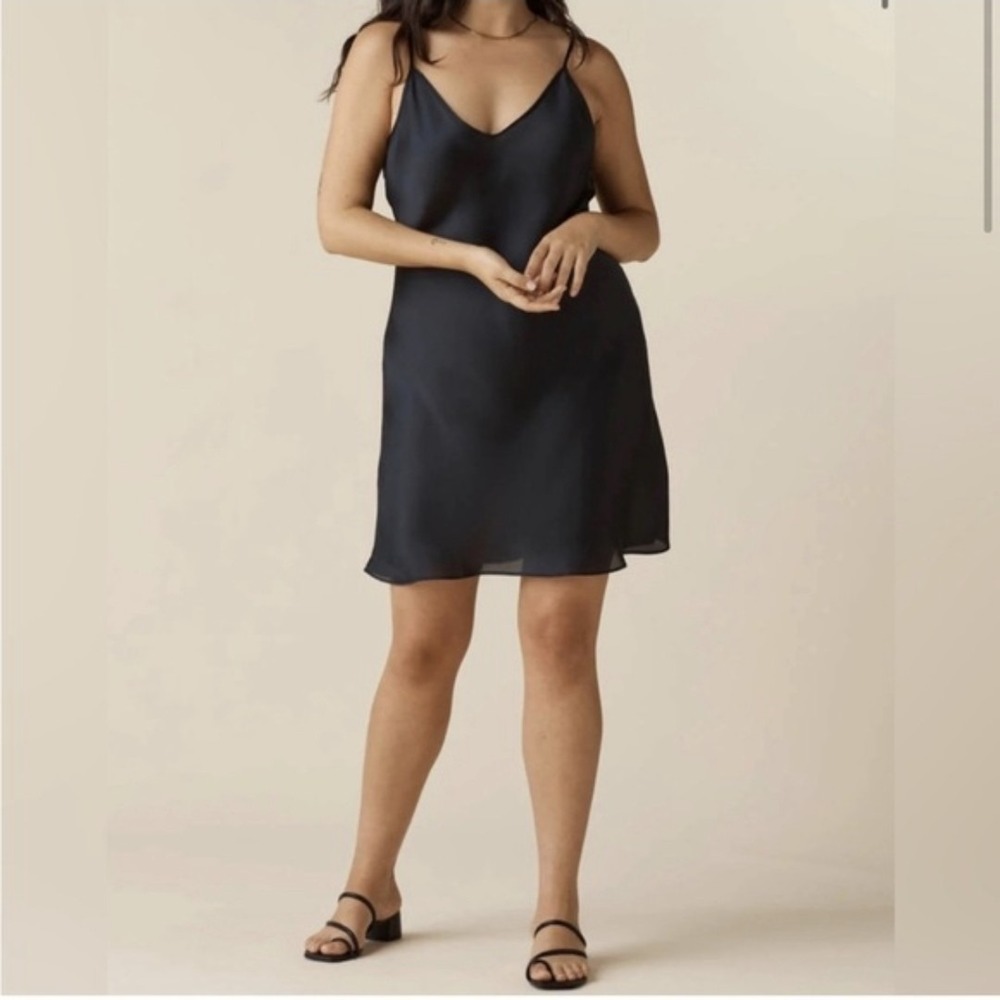 VETTA Black Satin Slip Dress Medium Minimalist Strappy Capsule Wardrobe Midi